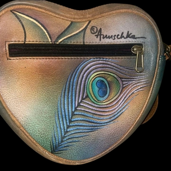 Anuschka Hand Painted Leather Heart Shaped Cross Body Bag in Peacock Lily - Picture 3 of 5